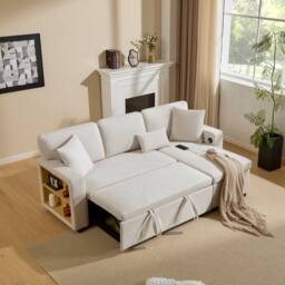 BTM Beige L-Shaped Corner Sofa Bed with Storage Shelf - Size: A - thumbnail 9