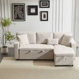 BTM Beige L-Shaped Corner Sofa Bed with Storage Shelf - Size: A - thumbnail 5