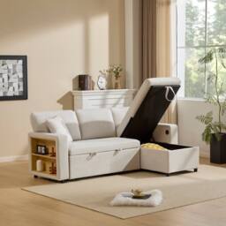 BTM Beige L-Shaped Corner Sofa Bed with Storage Shelf - Size: A - thumbnail 7