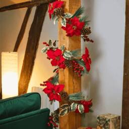 Samuel Alexander 1.8m Red & Green Poinsettia Garland with Pinecones & Foliage - thumbnail 3