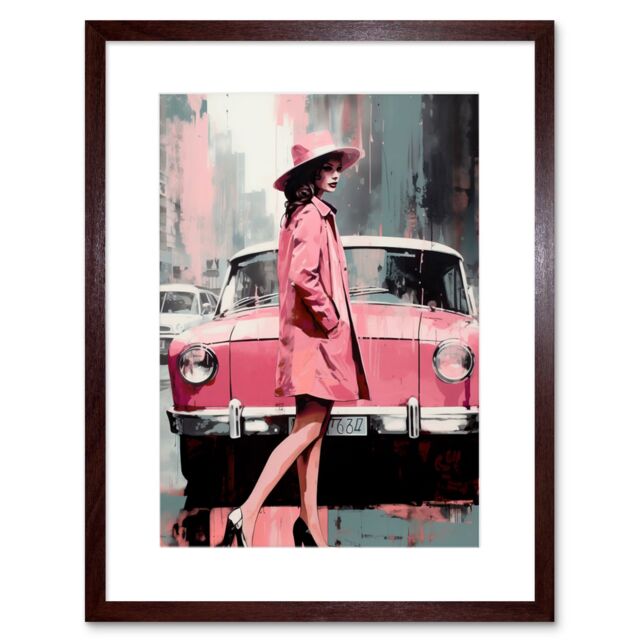 "Artery8 Wall Art Print Woman & Classic Car Retro Pink Aesthetic Artwork Framed 9X7 Inch in Brown - Size: W7"" x H9""" - image 1