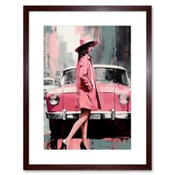 "Artery8 Wall Art Print Woman & Classic Car Retro Pink Aesthetic Artwork Framed 9X7 Inch in Brown - Size: W7"" x H9""" - thumbnail 1