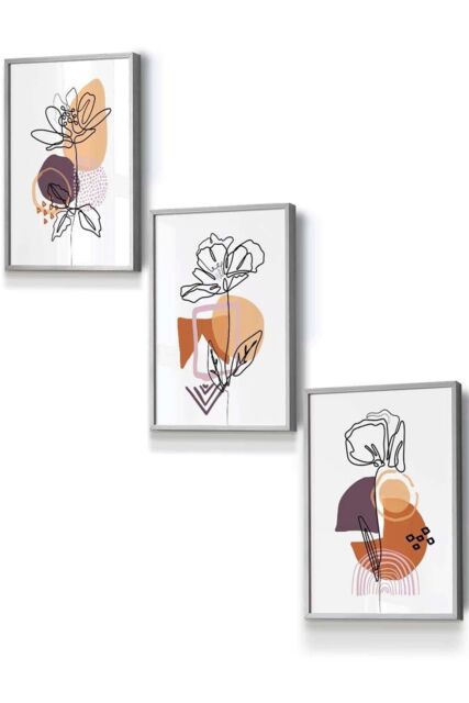 ARTZE Set of 3 Light Grey Framed Line Art Flowers on Purple Orange Boho Shapes Wall Art - Size: W45 cm x H62 cm x D20mm - image 1