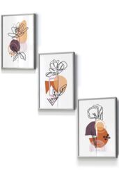 ARTZE Set of 3 Light Grey Framed Line Art Flowers on Purple Orange Boho Shapes Wall Art - Size: W45 cm x H62 cm x D20mm - thumbnail 1