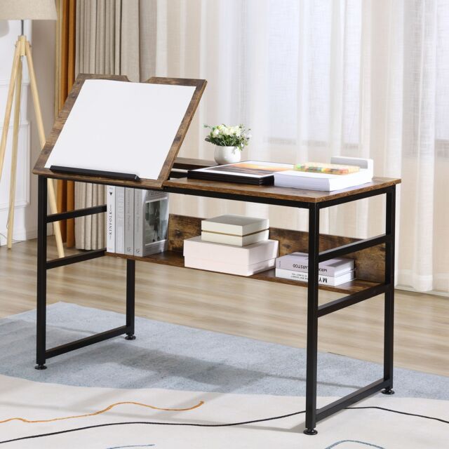 HOMCOM Tiltable Drafting Table Home Office Computer Desk with Open Shelf in Brown - image 1