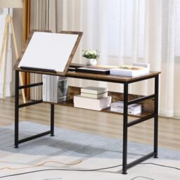 HOMCOM Tiltable Drafting Table Home Office Computer Desk with Open Shelf in Brown