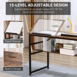 HOMCOM Tiltable Drafting Table Home Office Computer Desk with Open Shelf in Brown - thumbnail 4