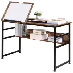 HOMCOM Tiltable Drafting Table Home Office Computer Desk with Open Shelf in Brown - thumbnail 2