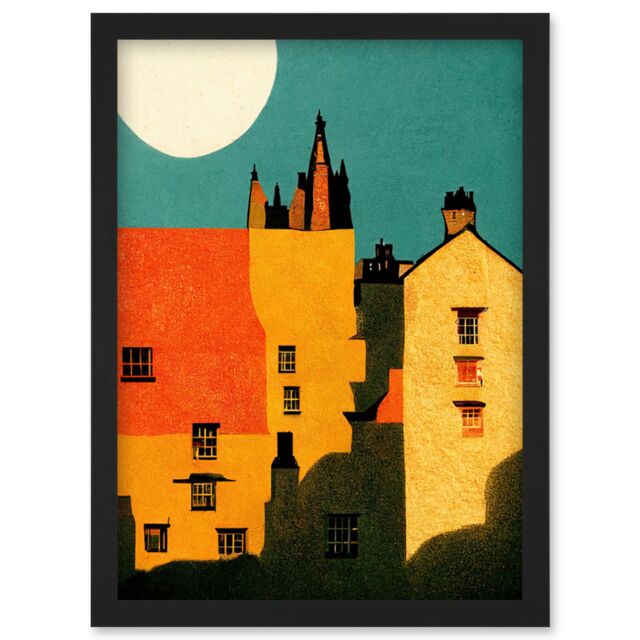 Artery8 Paper Cut Dean Village Edinburgh in Vibrant Reds & Yellows Artwork Framed Wall Art Print A4 in Black - image 1