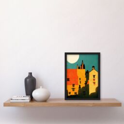 Artery8 Paper Cut Dean Village Edinburgh in Vibrant Reds & Yellows Artwork Framed Wall Art Print A4 in Black - thumbnail 2
