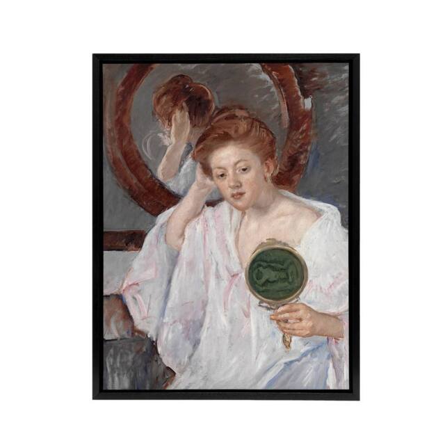 "Artery8 Denise at Her Dressing Table Cassatt Black Framed Canvas Wall Art in Green - Size: W12"" x H16""" - image 1