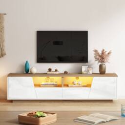 Merax Modern White & Oak LED TV Unit with Drawers for TVs up to 65/75 Inch