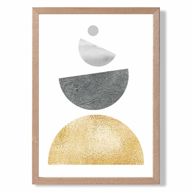 ARTZE Grey & Yellow Semi Circles Mid Century Geometric Framed Print SIZE: A4 with Oak Frame - image 1