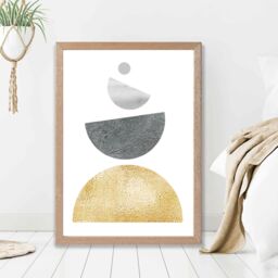 ARTZE Grey & Yellow Semi Circles Mid Century Geometric Framed Print SIZE: A4 with Oak Frame - thumbnail 2