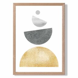 ARTZE Grey & Yellow Semi Circles Mid Century Geometric Framed Print SIZE: A4 with Oak Frame