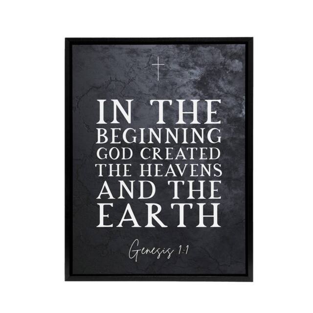 "Artery8 Genesis 1 GOD Created Heavens Earth Bible Quote Framed Canvas Art in Grey - Size: W12"" x H16""" - image 1
