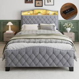Rolipo Double Storage Bed Grey Velvet With LED Headboard 135x190cm - Size: 135x190 cm