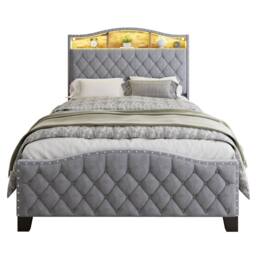 Rolipo Double Storage Bed Grey Velvet With LED Headboard 135x190cm - Size: 135x190 cm - thumbnail 9