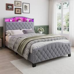 Rolipo Double Storage Bed Grey Velvet With LED Headboard 135x190cm - Size: 135x190 cm - thumbnail 2