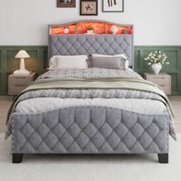 Rolipo Double Storage Bed Grey Velvet With LED Headboard 135x190cm - Size: 135x190 cm - thumbnail 5