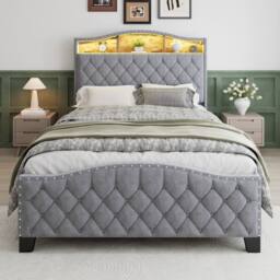 Rolipo Double Storage Bed Grey Velvet With LED Headboard 135x190cm - Size: 135x190 cm - thumbnail 3