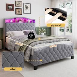 Rolipo Double Storage Bed Grey Velvet With LED Headboard 135x190cm - Size: 135x190 cm - thumbnail 8