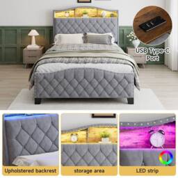 Rolipo Double Storage Bed Grey Velvet With LED Headboard 135x190cm - Size: 135x190 cm - thumbnail 7