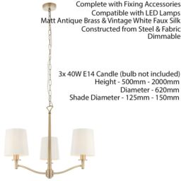 Loops Multi Light Ceiling Pendant 3 Bulb ANTIQUE BRASS & WHITE Chandelier Lamp Shade - thumbnail 2