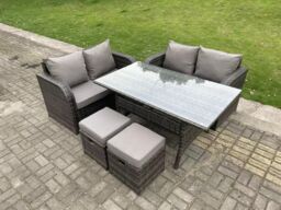 Fimous 6 Seater Dark Grey PE Rattan Garden Furniture Set Love Sofa 2 Seater Sofa Set Outdoor Rectangular Dining Table - thumbnail 1