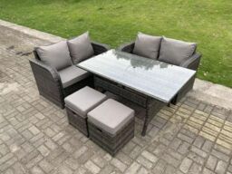 Fimous 6 Seater Dark Grey PE Rattan Garden Furniture Set Love Sofa 2 Seater Sofa Set Outdoor Rectangular Dining Table - thumbnail 2