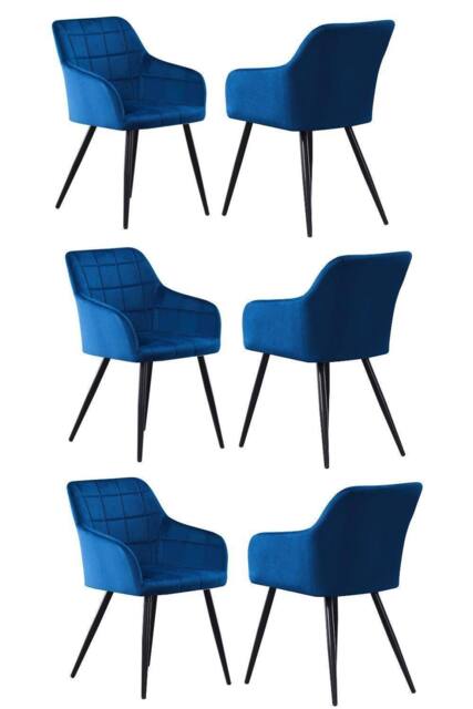 Life Interiors Set of 6 Camden Modern Velvet Dining Chairs with Armrests, Quilted Design & Black Metal Legs in Blue - image 1