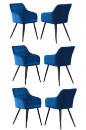 Life Interiors Set of 6 Camden Modern Velvet Dining Chairs with Armrests, Quilted Design & Black Metal Legs in Blue - thumbnail 1