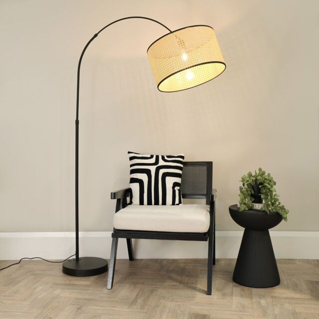 ValueLights Louis Black Arched Curved Floor Lamp with Natural Cane Drum Lamp Shade & Bulb - image 1