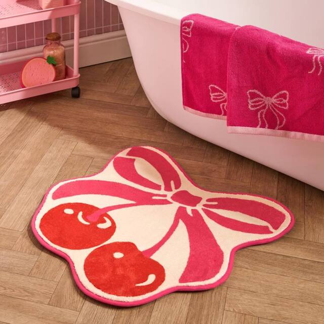 OHS Cherry Bow Novelty Bath Mat Soft Velvet Quick Dry Non-Slip Shower Rug - image 1