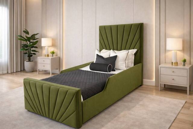 PARADISE BEDS LTD Single Upholstered Kids Bed Frame With Headboard in Olive - image 1