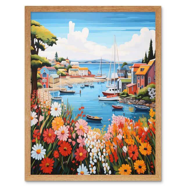 Artery8 Wall Art Print Idyllic Scenic Seaside Fishing Village Bright Oil Painting Orange Pink Blue Bathroom Floral Artwork Harbor Bay Boats Coastal - image 1
