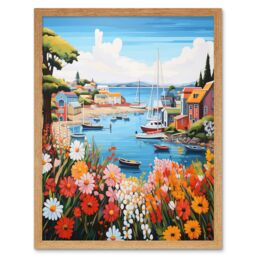 Artery8 Wall Art Print Idyllic Scenic Seaside Fishing Village Bright Oil Painting Orange Pink Blue Bathroom Floral Artwork Harbor Bay Boats Coastal - thumbnail 1