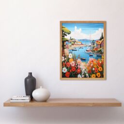 Artery8 Wall Art Print Idyllic Scenic Seaside Fishing Village Bright Oil Painting Orange Pink Blue Bathroom Floral Artwork Harbor Bay Boats Coastal - thumbnail 2
