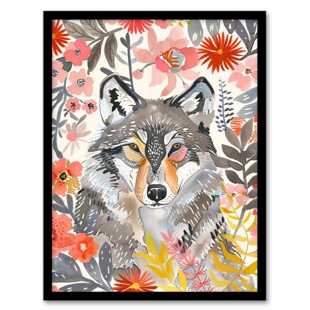 Artery8 Grey Wolf Pink Floral Watercolour Animal Portrait Framed Wall Art - Size: A4 - image 1