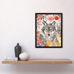 Artery8 Grey Wolf Pink Floral Watercolour Animal Portrait Framed Wall Art - Size: A4 - thumbnail 4
