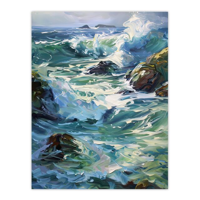 "Artery8 Sea Spray Waves Crashing on Rocks Oil Painting Wall Art Print in Blue - Size: W12"" x H16""" - image 1