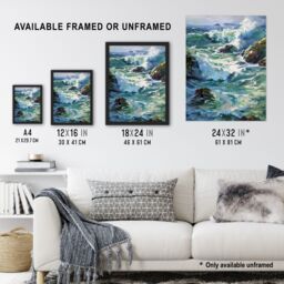 "Artery8 Sea Spray Waves Crashing on Rocks Oil Painting Wall Art Print in Blue - Size: W12"" x H16""" - thumbnail 3