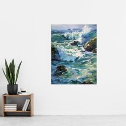 "Artery8 Sea Spray Waves Crashing on Rocks Oil Painting Wall Art Print in Blue - Size: W12"" x H16""" - thumbnail 4