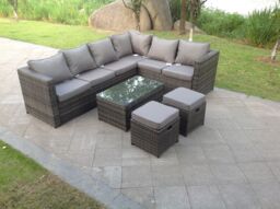 Fimous 8 Seater Rattan Corner Sofa Set Coffee Table Stool Garden Furniture Outdoor in Dark Grey - thumbnail 3