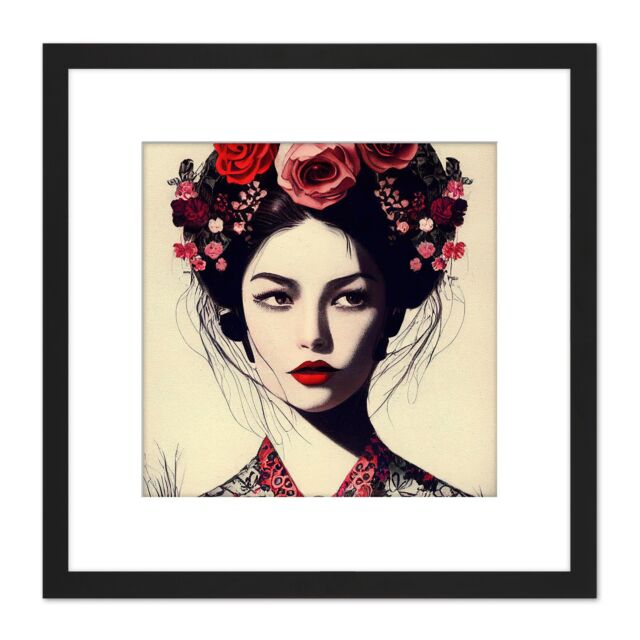 Artery8 Retro Funky Flower Hair Kimono Vintage Style Floral Portrait Illustration Square Wooden Framed Wall Art Print Picture 8X8 Inch in Black - image 1