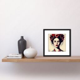 Artery8 Retro Funky Flower Hair Kimono Vintage Style Floral Portrait Illustration Square Wooden Framed Wall Art Print Picture 8X8 Inch in Black - thumbnail 2