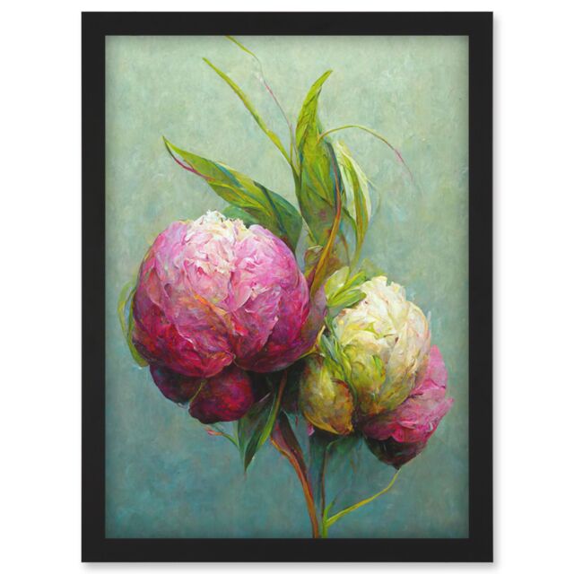 Artery8 Modern Pink & White Peony Flowers In Teal Artwork Framed Wall Art Print A4 in Black - image 1