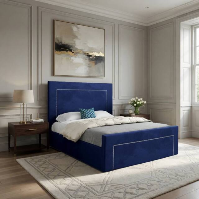 KDMD Lyminge Upholstered Blue Soft Velvet Designer Bed Frame - Size: Small Double - image 1