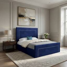 KDMD Lyminge Upholstered Blue Soft Velvet Designer Bed Frame - Size: Small Double - thumbnail 1