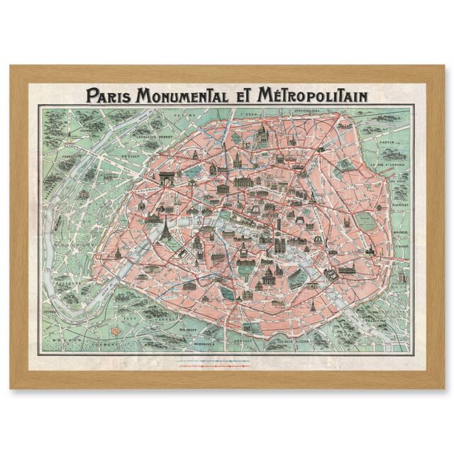 Artery8 Robelin Paris Metropolitan Monument Map France Artwork Framed Wall Art Print A4 in Light Oak - image 1